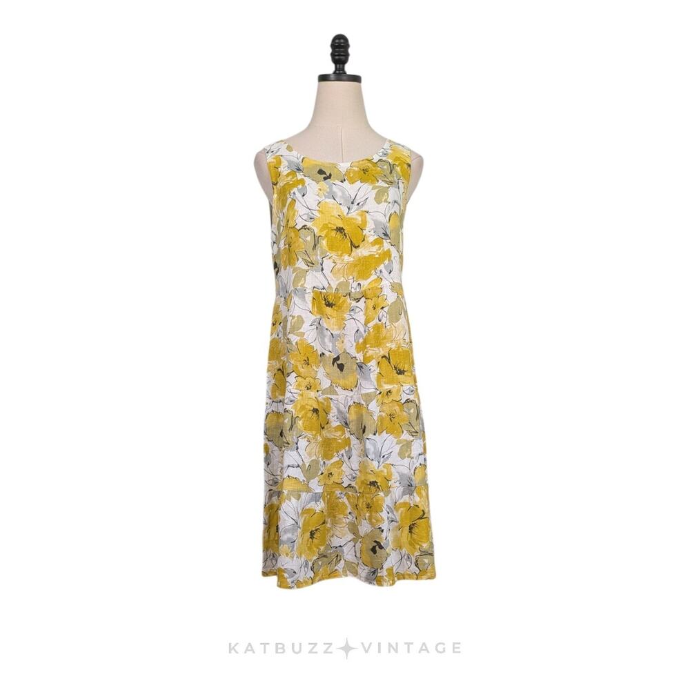 Floral Linen Midi Dress S Yellow White Tiered Italy Sleeveless Sundress Beach
